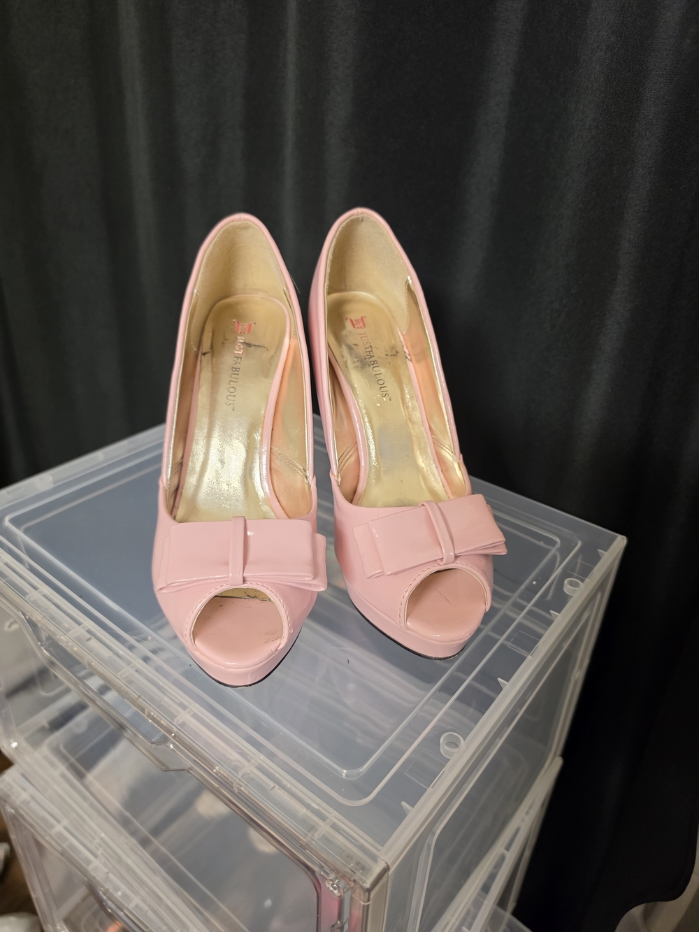 JustFab Pink Peep-Toe Heels with Bow Accent